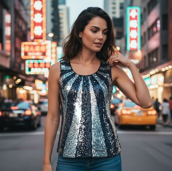 Macy's Sequin Bling Sun Rays Knit Top Black And Silver - Picture 6 of 7